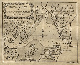 Kaart van Botany Bay uit 1773 gebaseerd op de gegevens van James Cook