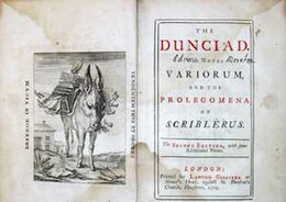 Frontispiece—an engraving of a donkey burdened by a pile of books—and title page of a book, incribed "DUNCIAD // With NOTES // VARIORUM, // AND THE PROLEGOMENA OF SCRIBLERIUS."