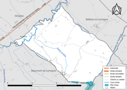 Carte en couleur présentant le réseau hydrographique de la commune