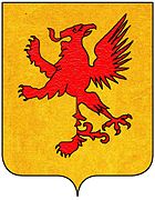 El blasón de este escudo de armas es: En oro, un león rampante atenuado con un águila recursante desplegada de gules, que significa Un fondo de oro sobre el cual aparece un león rojo rampante cortado por la mitad verticalmente a la izquierda y a la derecha un águila roja de corte similar con la espalda hacia el espectador y el ala extendida.