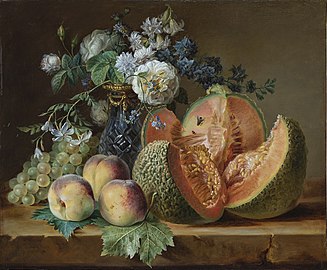 Nature morte avec des pêches, des raisins, un melon et un vase de fleurs 1780 Metropolitan Museum of Art, New York