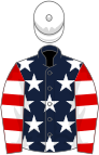 Dark blue, white stars, red and white hooped sleeves, white cap