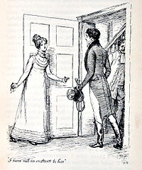 Face à face, Darcy entrant et Elizabeth prête à sortir en hâte