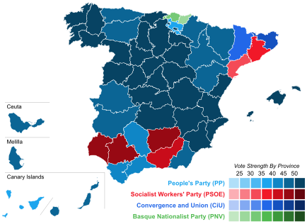 Map of Spain showcasing winning party's strength by constituency