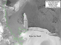 Iceberg C-19 breaking off from the Ross Ice Shelf, 11 May 2002, image:DMSP.