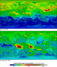 world map of carbon monoxide concentrations in the lower atmosphere