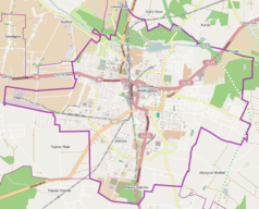 Mapa konturowa Ostrowa Wielkopolskiego, w centrum znajduje się punkt z opisem „Kasa Pożyczkowa Miasta Ostrowa”