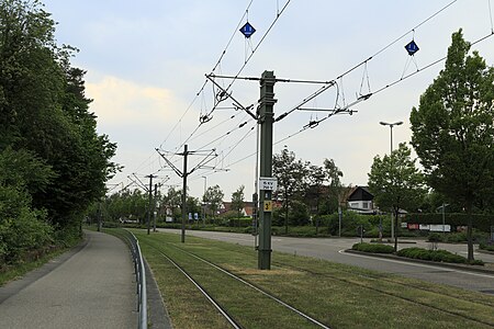 Systemtrennstelle zwischen Wörth Bienwaldhalle und Bürgerpark mit hochliegenden Rasengleisen und Straßenbahnrillenschienen