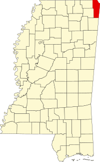 Map of Misisipi highlighting Tishomingo County