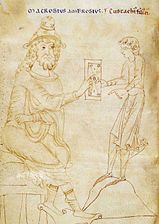 Macrobius und sein Sohn. Phantasiebild in einer mittelalterlichen italienischen Handschrift