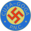 Logo of the National Christian Party featuring a swastika, the initials of the party and the names of its joint leaders, A. C. Cuza and Octavian Goga