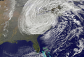 26. A satellite image of Superstorm Sandy on the morning of Tuesday, October 30, 2012, at its maximum size, over the Eastern United States. The image was taken by NASA.