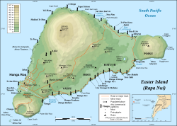 แผนที่เกาะอีสเตอร์แสดงเตเรวากา, โปอีเก, ราโนกาอู, โมตูนูอี, โอโรโง และมาตาเวรี; "อาฮู" หลักระบุด้วยรูปโมอาย