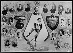 A collage of photographs of the hockey club players, executives and trophies arranged around an illustration of a hockey player. Below the hockey player is the caption "Ottawa Hockey Club, Champions of Canada, 1901". Two trophies are shown, one a cup and the other, a shield.