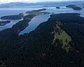 South-facing aerial view of Reid Harbour on Stuart Island, Washington in the Strait of Georgia