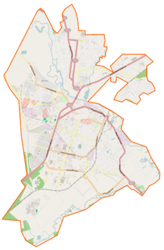 Mapa konturowa Borysowa, blisko centrum u góry znajduje się punkt z opisem „Cmentarz Kalwaryjski w Borysowie”