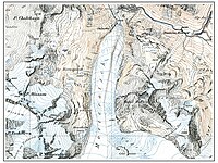 Der Morteratschgletscher im Topographischen Atlas der Schweiz, 1875/1877. Unten der Zusammenfluss mit dem Persgletscher