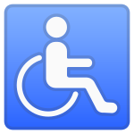 Emoji of the International Symbol of Access, depicting a white line figure of a person seated over the axis of a wheelchair on blue background