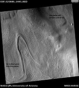 HiRISE image showing thin glacier on left. Glacier on the right is thick, containing ice under a thin layer of dirt and rock.