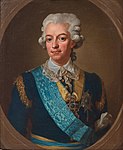 Gustav III iförd skärgårdsflottans uniform m/1779 som han bar vid Slaget vid Svensksund. Medaljen skymtar under Svärdsorden.