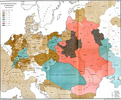 Aškenasijuutalaisten asuinalue vuonna 1881, tihein asutus tummanharmaalla ja punaisella.