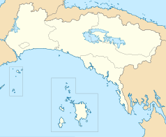 Mapa konturowa prowincji Panama, po lewej znajduje się punkt z opisem „Estadio Municipal de Balboa”