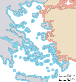 Carte de la mer Égée avec en bleu les territoires appartenant à la Grèce et en rouge, ceux appartenant à la Turquie.