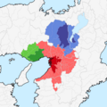 Zemljevid Keihanšin z Osaka, Kobe in Kjoto Urbano zaposlitveno območje leta 2015.