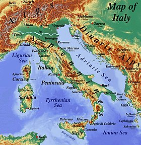 Carte de l'Italie, sur laquelle on distingue l'Appennin ligure (Ligurian Apen.)