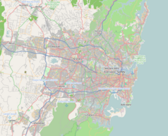 Mapa konturowa Sydney, po prawej znajduje się punkt z opisem „Allianz Stadium”