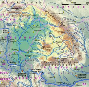 Kaart van die Tisza-bekken in Europa.