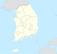 Mapa konturowa Korei Południowej, blisko centrum na prawo znajduje się punkt z opisem „Stadion Ulsan Munsu”