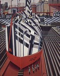 "Painting of Dazzle-ships in Drydock at Liverpool"　エドワード・ワズワースが描いたダズル迷彩の艦船（1919年）