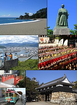 From top left:Katsurahama, Statue of Sakamoto Ryoma, View of Kochi from Mt.Godai, Yosakoi Festival, Harimayabashi, Tosa Electric Railway, Kochi Castle