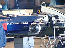 Une Williams FW25 sans roues, laissant apparaître les freins à disques.