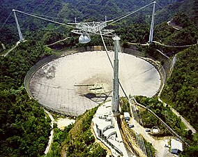 Arecibo radio telescope, Puerto Rico, at 305 metres (1,001 feet) the largest parabolic dish until 2016 when China's Five-hundred-meter Aperture Spherical Telescope was built. It collapsed in 2020.