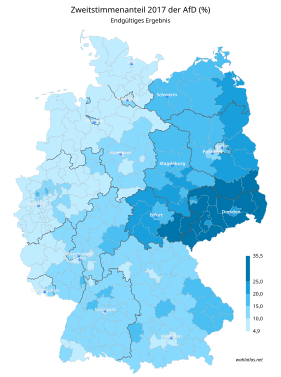 AfD ﻿4,9 – 10 % ﻿> 10 – 15 % ﻿> 15 – 20 % ﻿> 20 – 25 % ﻿> 25 – 35,5 %