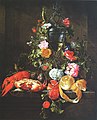 Français : Nature morte aux fleurs, fruits et crustacés. Nederlands: Stilleven met bloemen, fruit en schaaldieren.