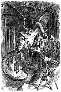 John Tenniel's illustration of the Jabberwock for Lewis Carroll's Through the Looking-Glass, showing the dragon as a myopic professor[10]