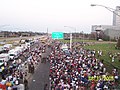 Makeshift refugee/evacuation center at first unflooded Interstate Highway interchange