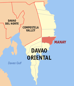 Mapa ng Davao Oriental na nagpapakita sa lokasyon ng Manay.