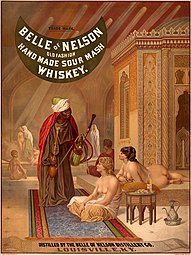 โปสเตอร์ Belle of Nelson whiskey (1878), อิงจากฉากฮาเร็มโดย Jean-Léon Gérôme.