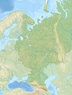 Mapa konturowa europejskiej części Rosji, po prawej nieco u góry znajduje się punkt z opisem „źródło”, natomiast u góry nieco na prawo znajduje się punkt z opisem „ujście”