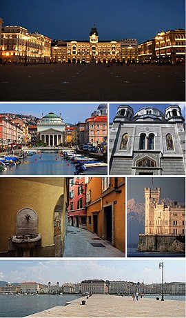 A collage o Trieste showin the Piazza Unità d'Italia, the Canal Grande, the Serbie Orthodox kirk, a narrae street o the Auld Ceety, the Castello Miramare an the ceety seafront.