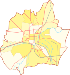 Mapa konturowa Częstochowy, w centrum znajduje się punkt z opisem „Dom Księcia”