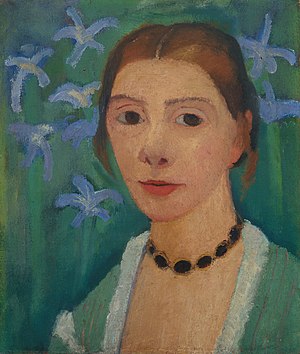 Paula Modersohn-Becker: Selbstbildnis vor grünem Hintergrund mit blauer Iris, zwischen 1900 und 1907