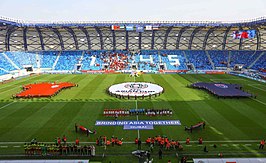 Het Al-Maktoumstadion, kort voor de aftrap van Thailand-Bahrein tijdens de Asiacup 2019