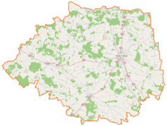 Mapa konturowa powiatu bielskiego, blisko centrum po prawej na dole znajduje się punkt z opisem „Knorydy, kaplica św. Jerzego”