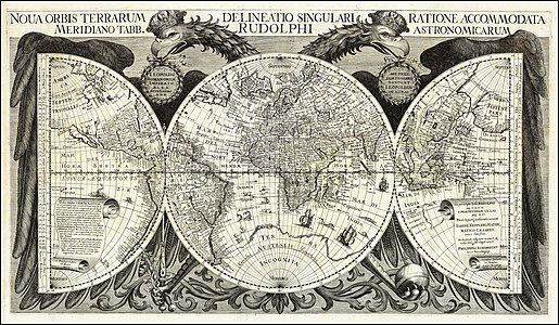 Mappa del mondo dalle Tavole rudolfine di Keplero (1627) incorporante molte delle nuove scoperte