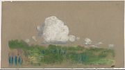 Landscape with Clouds, Pastellkreide und schwarze Kreide auf grün-grauem Velinpapier (15,6 × 26,8 cm)